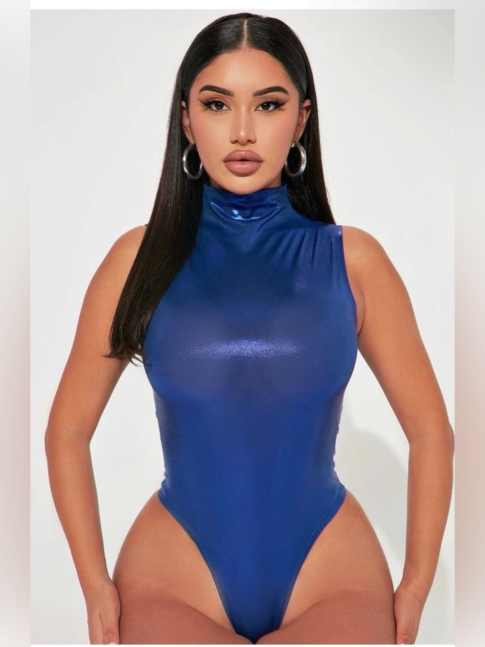 Fashion Nova Kamara Metallic Bodysuit Royal Blue Sleeveless Mock Neck 1X